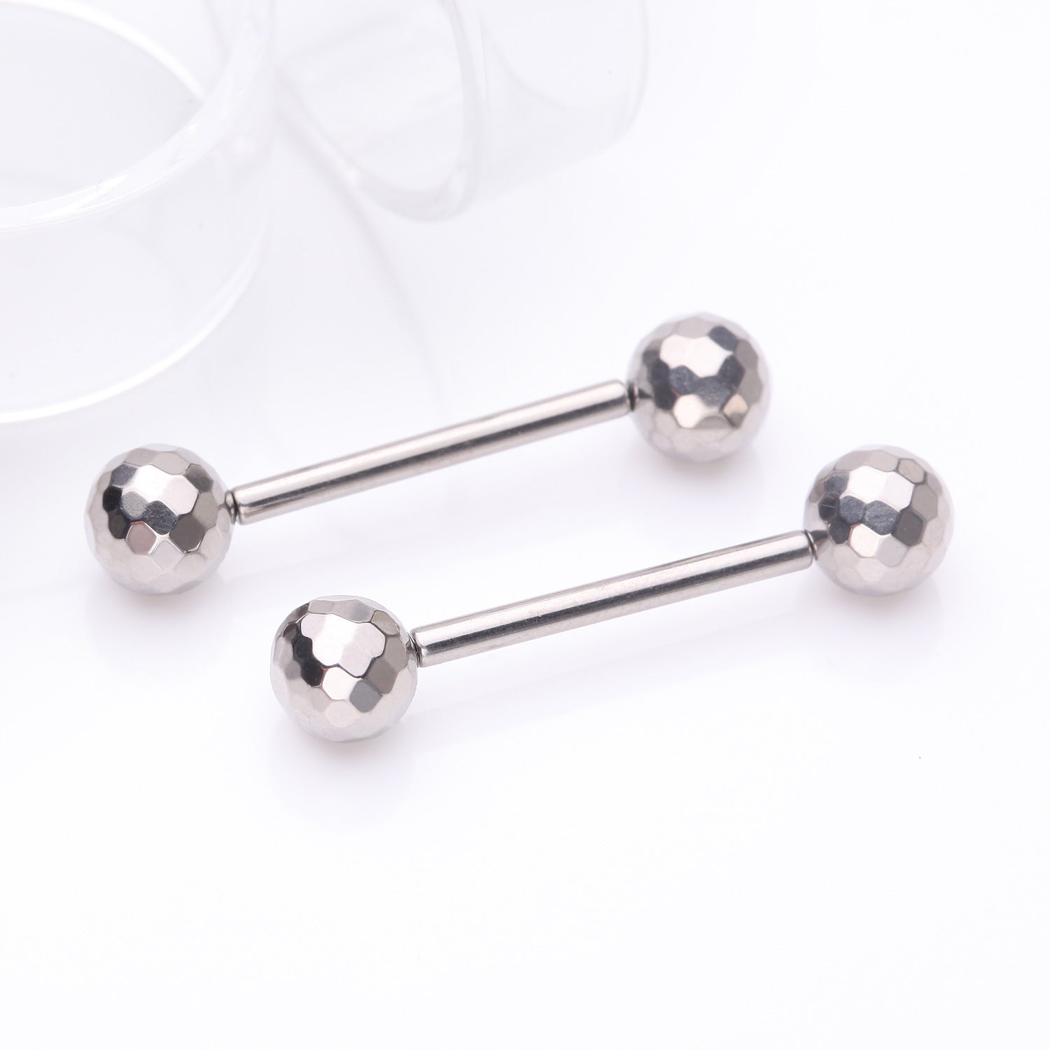 Detail View 1 of A Pair of Implant Grade Titanium Multi-Faceted OneFit Threadless Nipple Barbell