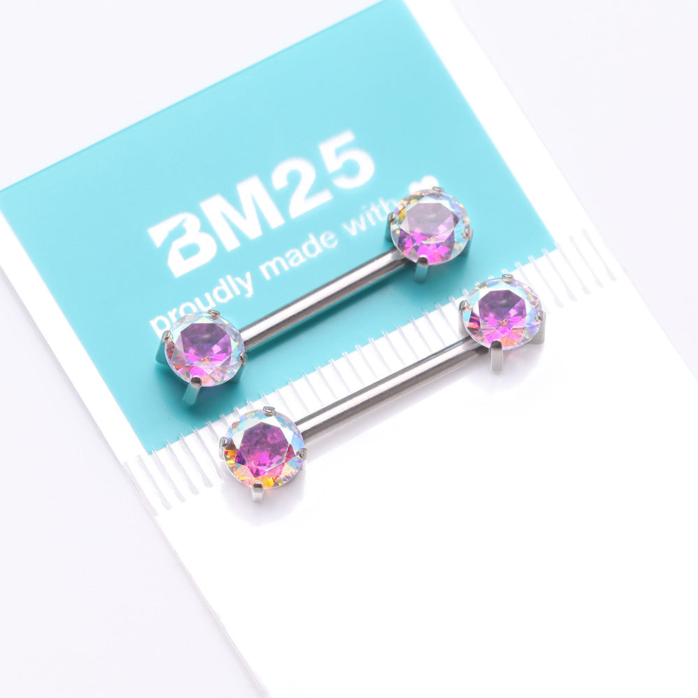 Detail View 3 of A Pair of Implant Grade Titanium OneFit Threadless Prong Gem Sparkle Nipple Barbell-Aurora Borealis