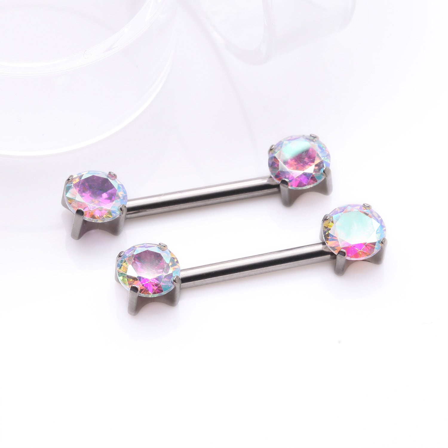 Detail View 1 of A Pair of Implant Grade Titanium OneFit Threadless Prong Gem Sparkle Nipple Barbell-Aurora Borealis