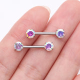 Detail View 2 of A Pair of Implant Grade Titanium OneFit Threadless Prong Gem Sparkle Nipple Barbell-Aurora Borealis