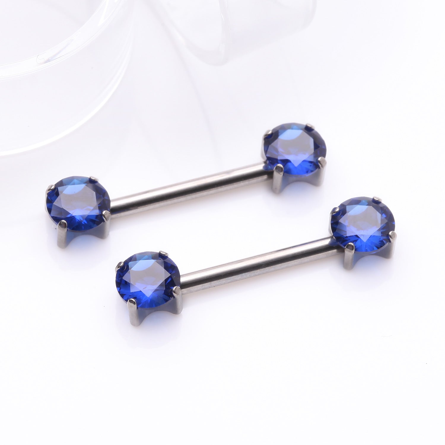 Detail View 1 of A Pair of Implant Grade Titanium OneFit Threadless Prong Gem Sparkle Nipple Barbell-Blue