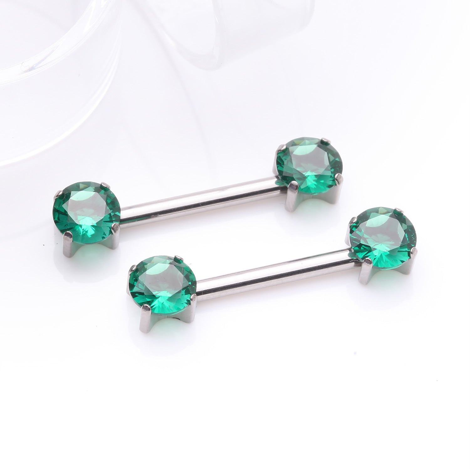 Detail View 1 of A Pair of Implant Grade Titanium OneFit Threadless Prong Gem Sparkle Nipple Barbell-Emerald