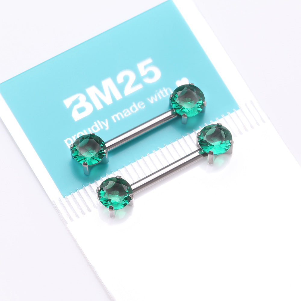 Detail View 3 of A Pair of Implant Grade Titanium OneFit Threadless Prong Gem Sparkle Nipple Barbell-Emerald