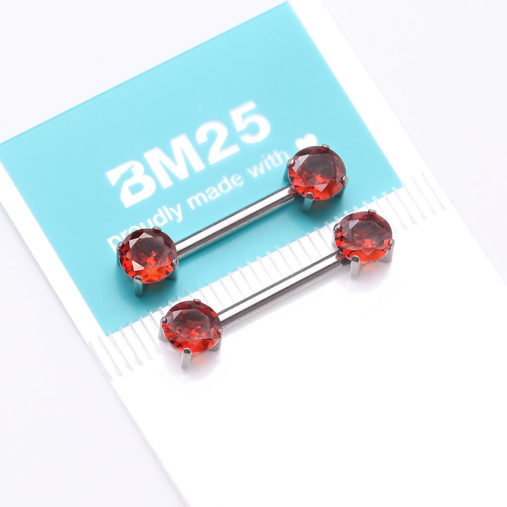 Detail View 3 of A Pair of Implant Grade Titanium OneFit Threadless Prong Gem Sparkle Nipple Barbell-Red