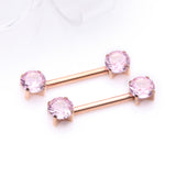 Detail View 1 of A Pair of Implant Grade Titanium Rose Gold PVD OneFit Threadless Prong Gem Sparkle Nipple Barbell-Pink
