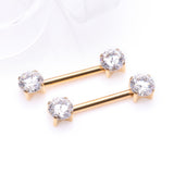 Detail View 1 of A Pair of Implant Grade Titanium Gold PVD OneFit Threadless Prong Gem Sparkle Nipple Barbell-Clear Gem