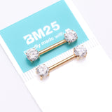 Detail View 3 of A Pair of Implant Grade Titanium Gold PVD OneFit Threadless Prong Gem Sparkle Nipple Barbell-Clear Gem