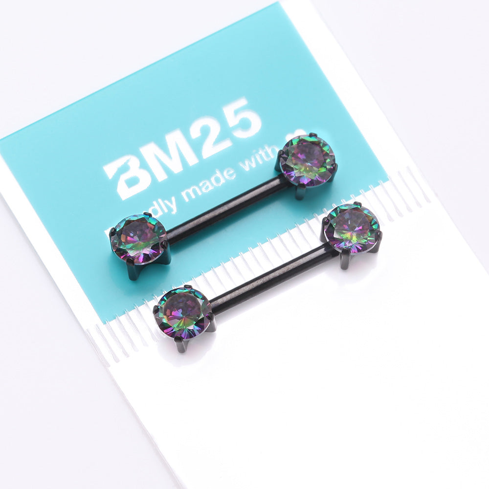 Detail View 3 of A Pair of Implant Grade Titanium Blackline OneFit Threadless Prong Gem Sparkle Nipple Barbell-Vitrail Medium