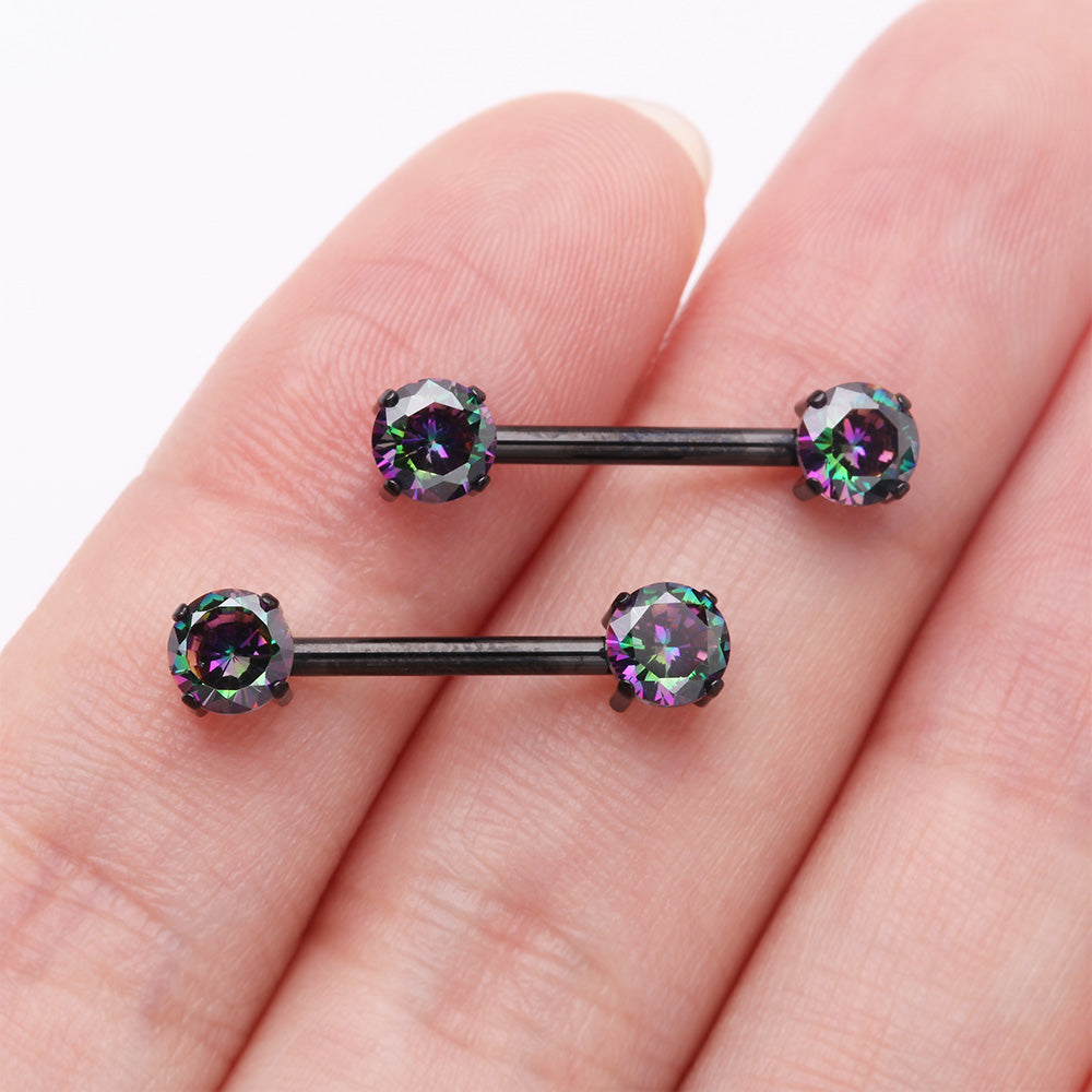 Detail View 2 of A Pair of Implant Grade Titanium Blackline OneFit Threadless Prong Gem Sparkle Nipple Barbell-Vitrail Medium