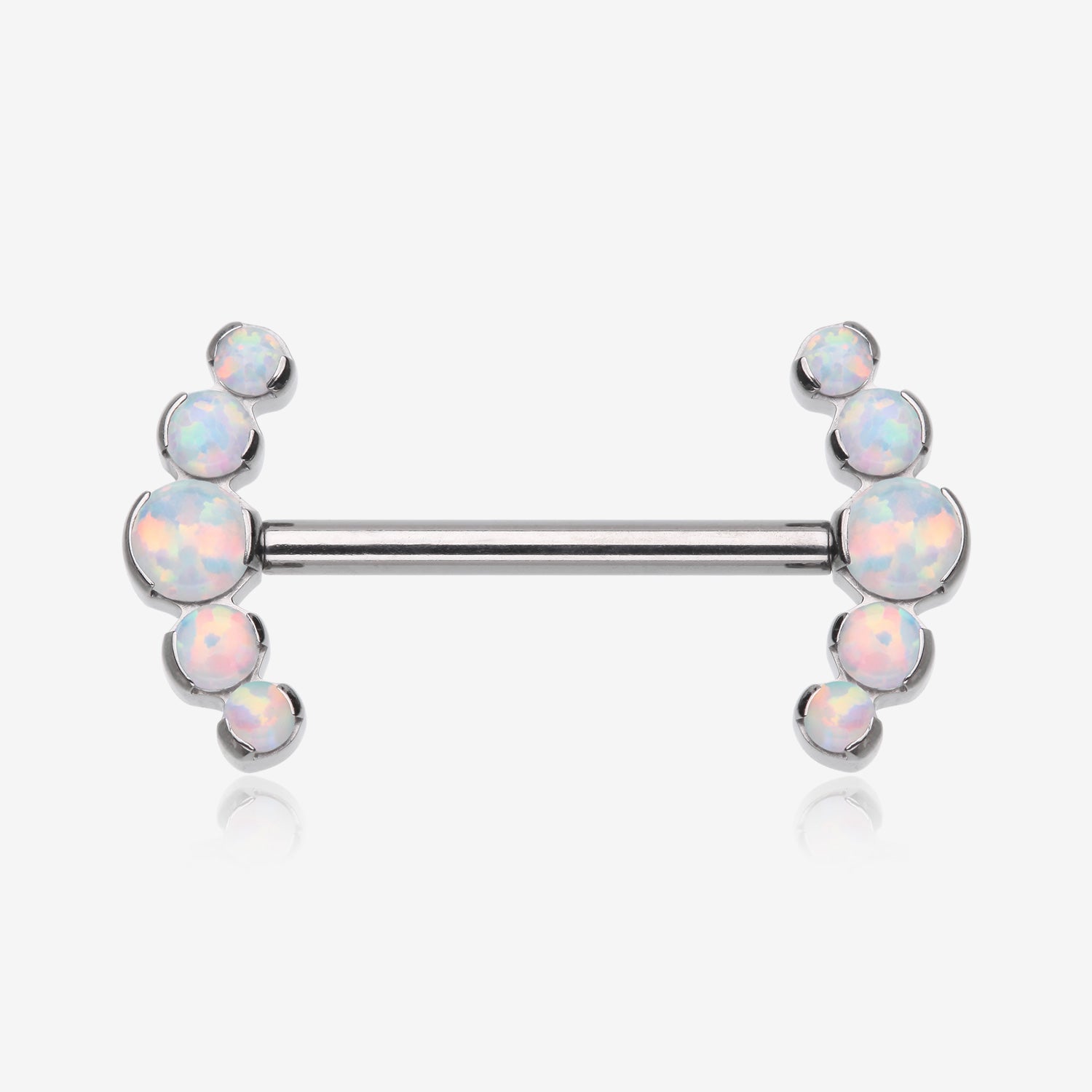 A Pair of Implant Grade Titanium OneFit Threadless Fire Opal Ray Multi-Gem Nipple Barbell-White Opal