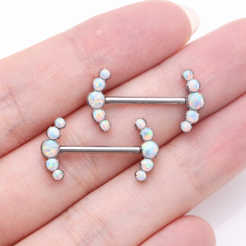 Detail View 2 of A Pair of Implant Grade Titanium OneFit Threadless Fire Opal Ray Multi-Gem Nipple Barbell-White Opal