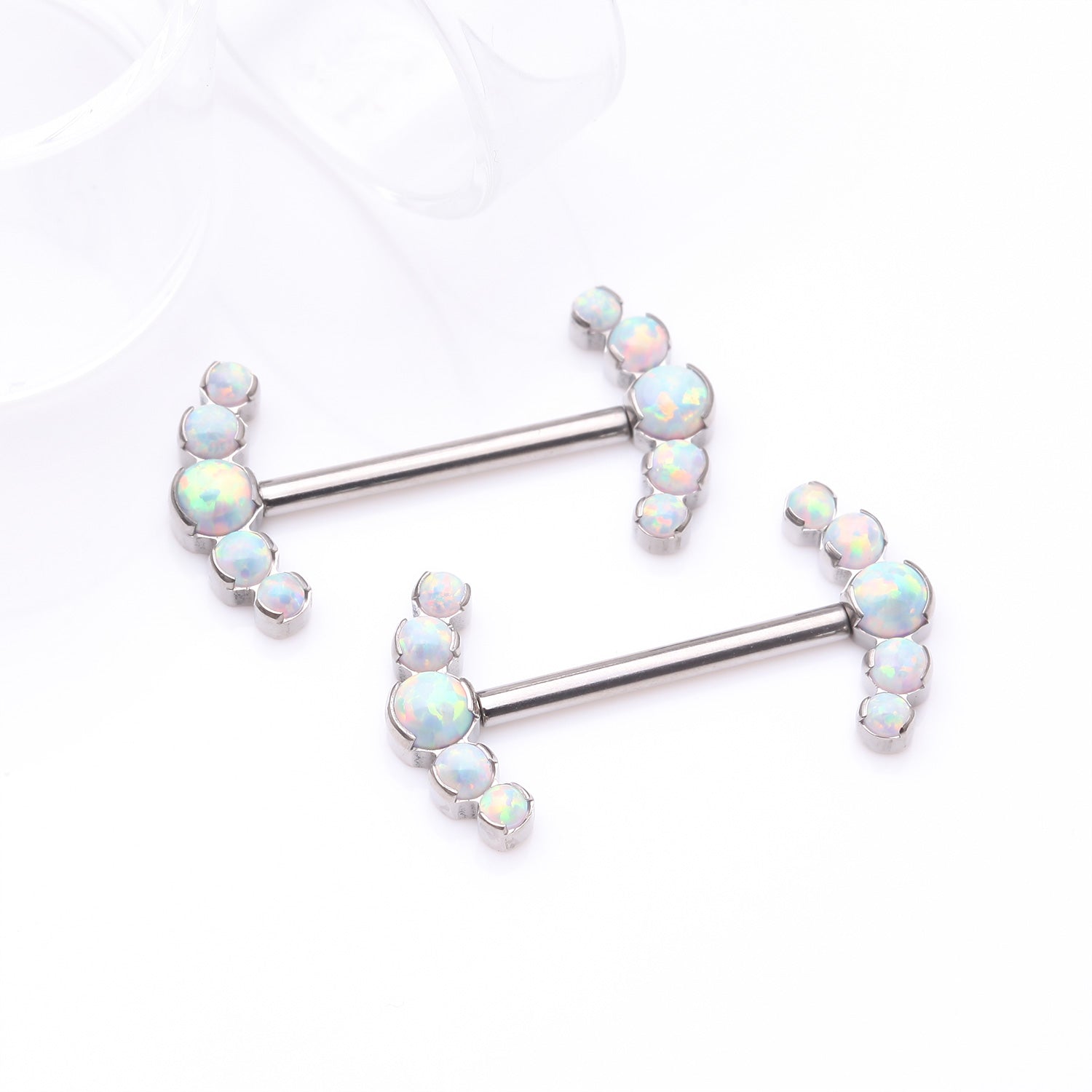 Detail View 1 of A Pair of Implant Grade Titanium OneFit Threadless Fire Opal Ray Multi-Gem Nipple Barbell-White Opal
