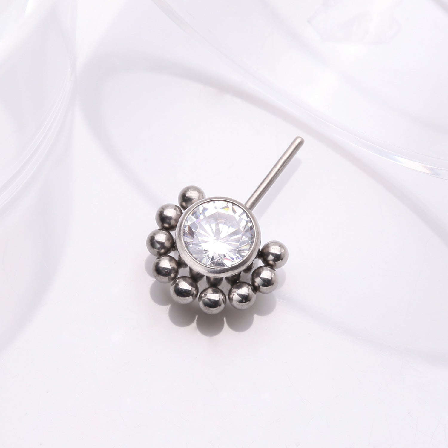 Detail View 1 of Implant Grade Titanium OneFit Threadless Bali Beaded Floral Sparkle Front Facing Part-Clear Gem