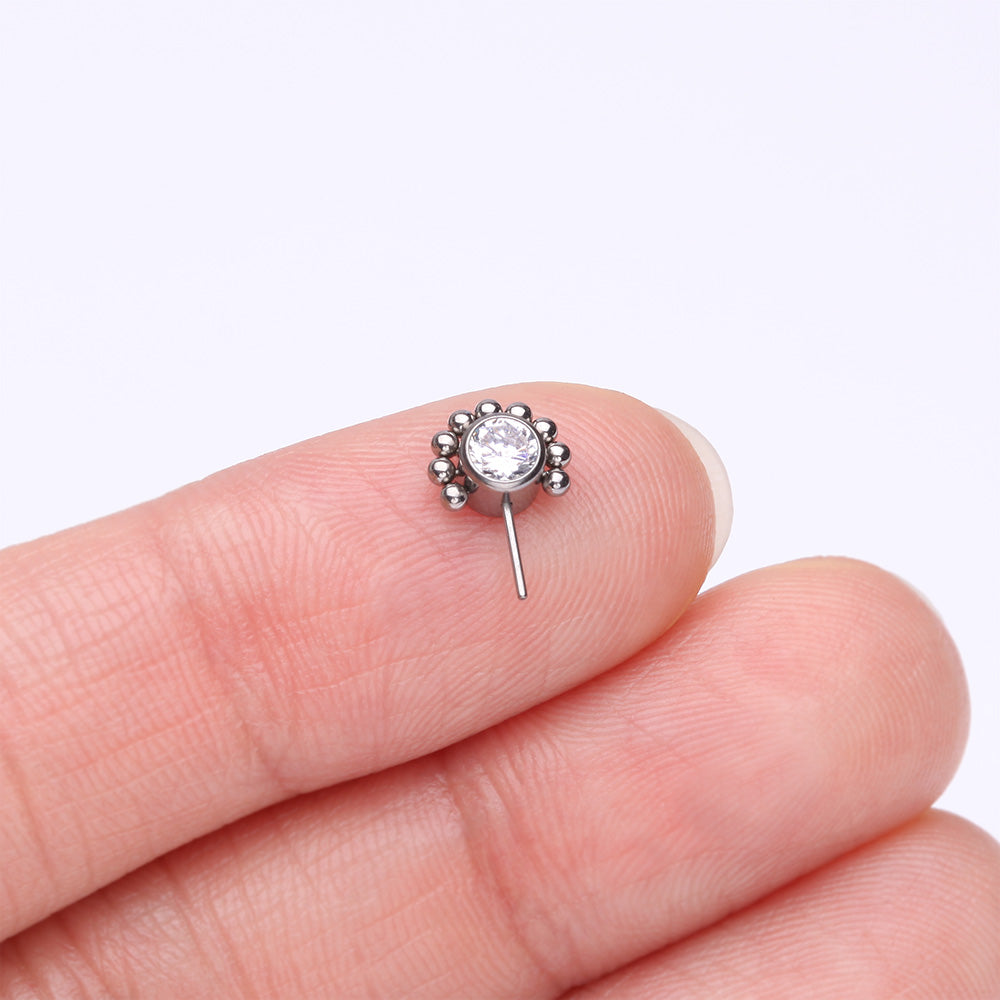 Detail View 2 of Implant Grade Titanium OneFit Threadless Bali Beaded Floral Sparkle Front Facing Part-Clear Gem