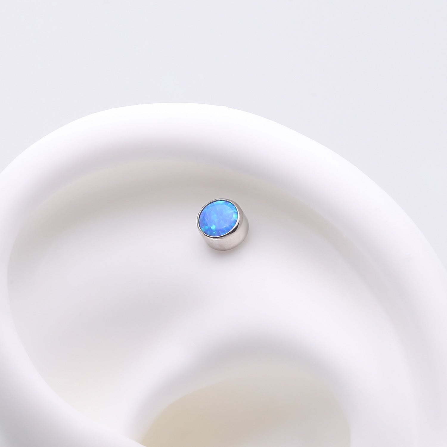 Detail View 1 of Implant Grade Titanium OneFit Threadless Bezel Round Fire Opal Sparkle Top Part-Blue Opal