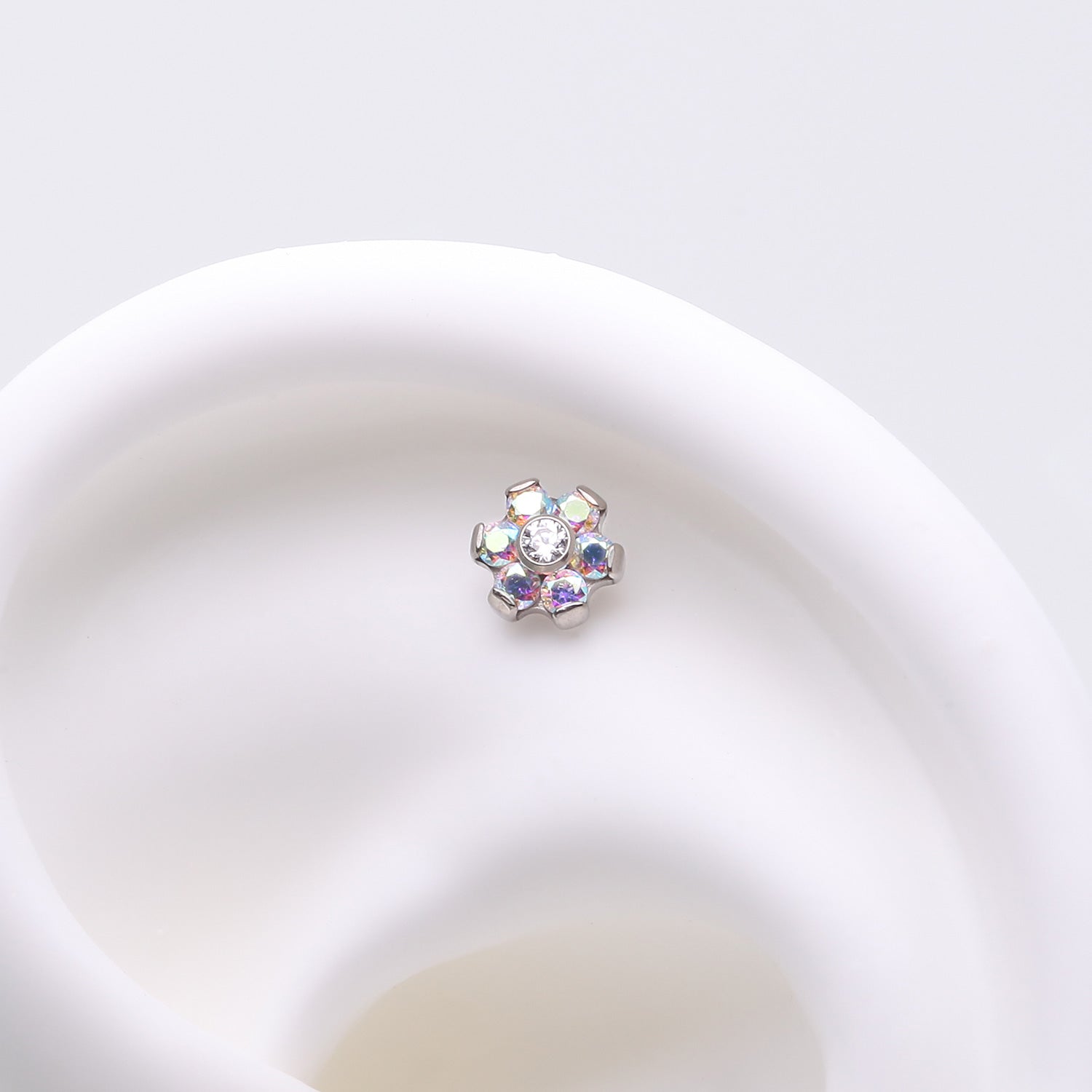 Detail View 1 of Implant Grade Titanium OneFit Threadless Brilliant Sparkle Flower Top Part-Aurora Borealis/Clear Gem