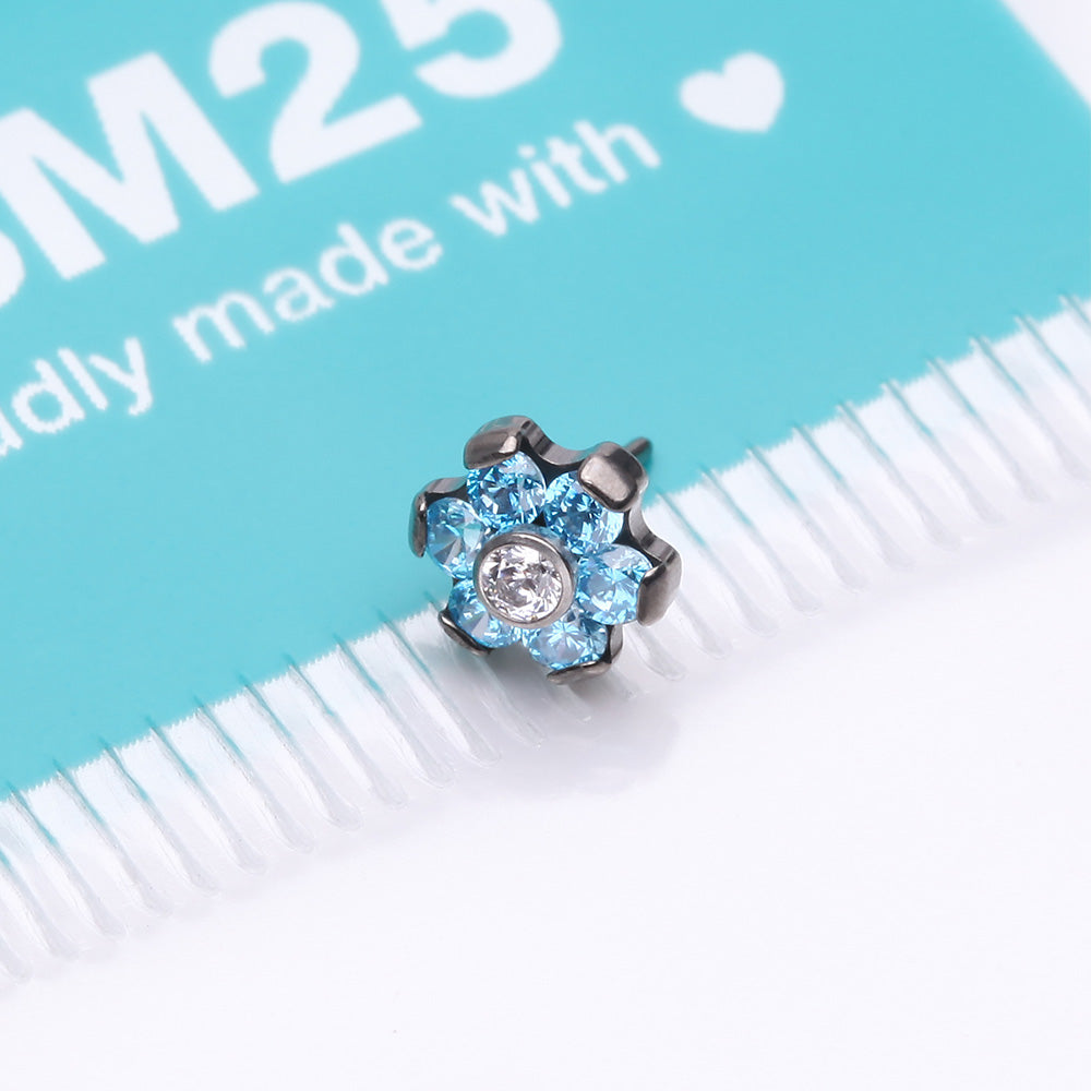 Detail View 3 of Implant Grade Titanium OneFit Threadless Brilliant Sparkle Flower Top Part-Aqua/Clear Gem