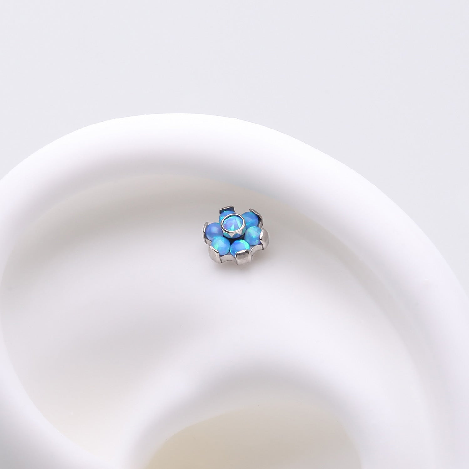 Detail View 1 of Implant Grade Titanium OneFit Threadless Brilliant Fire Opal Flower Top Part-Blue Opal