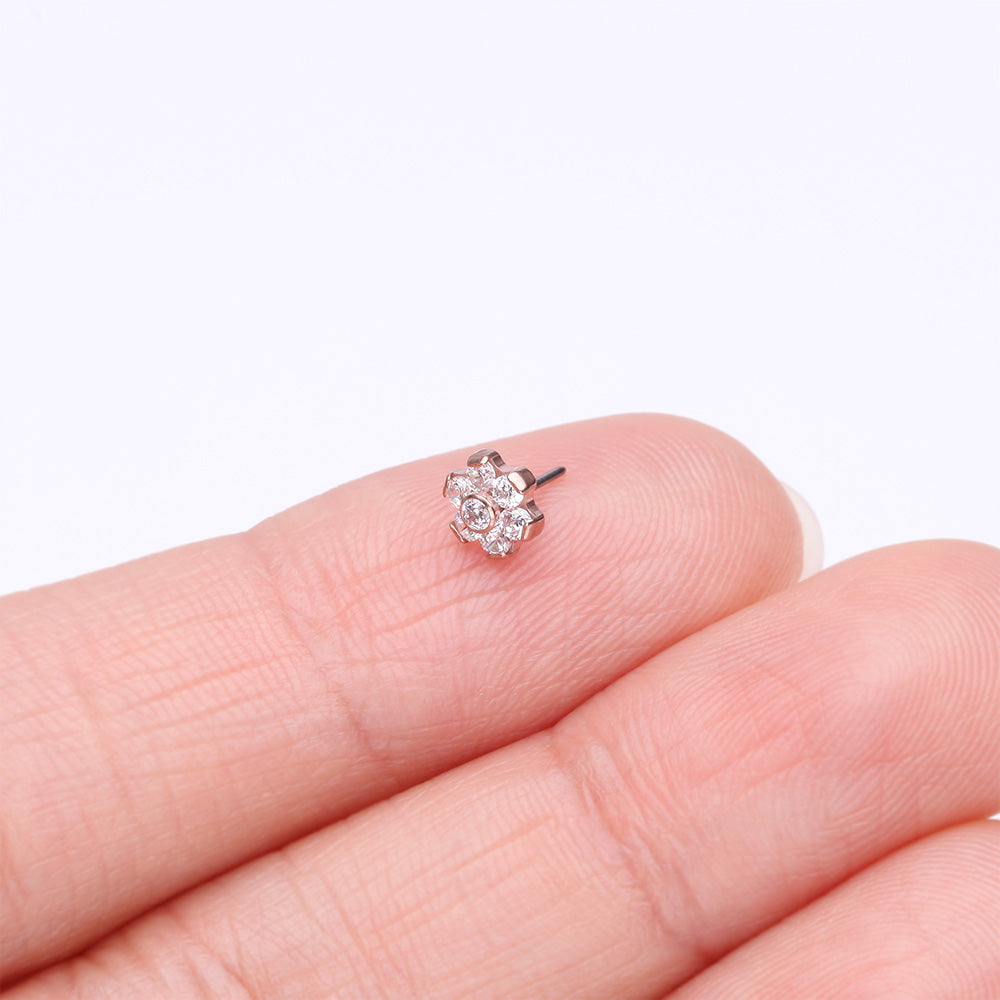 Detail View 2 of Implant Grade Titanium OneFit Threadless Rose Gold Brilliant Sparkle Flower Top Part-Clear Gem