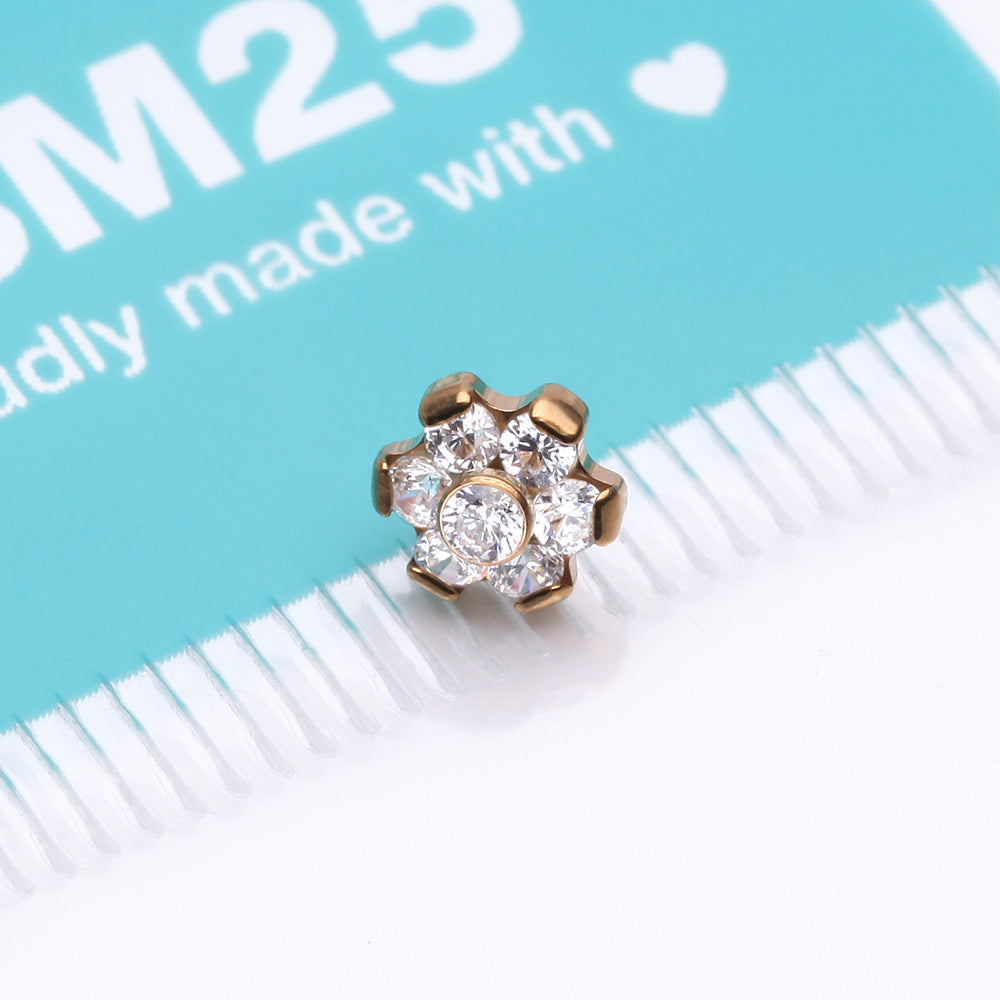 Detail View 3 of Implant Grade Titanium OneFit Threadless Golden Brilliant Sparkle Flower Top Part-Clear Gem