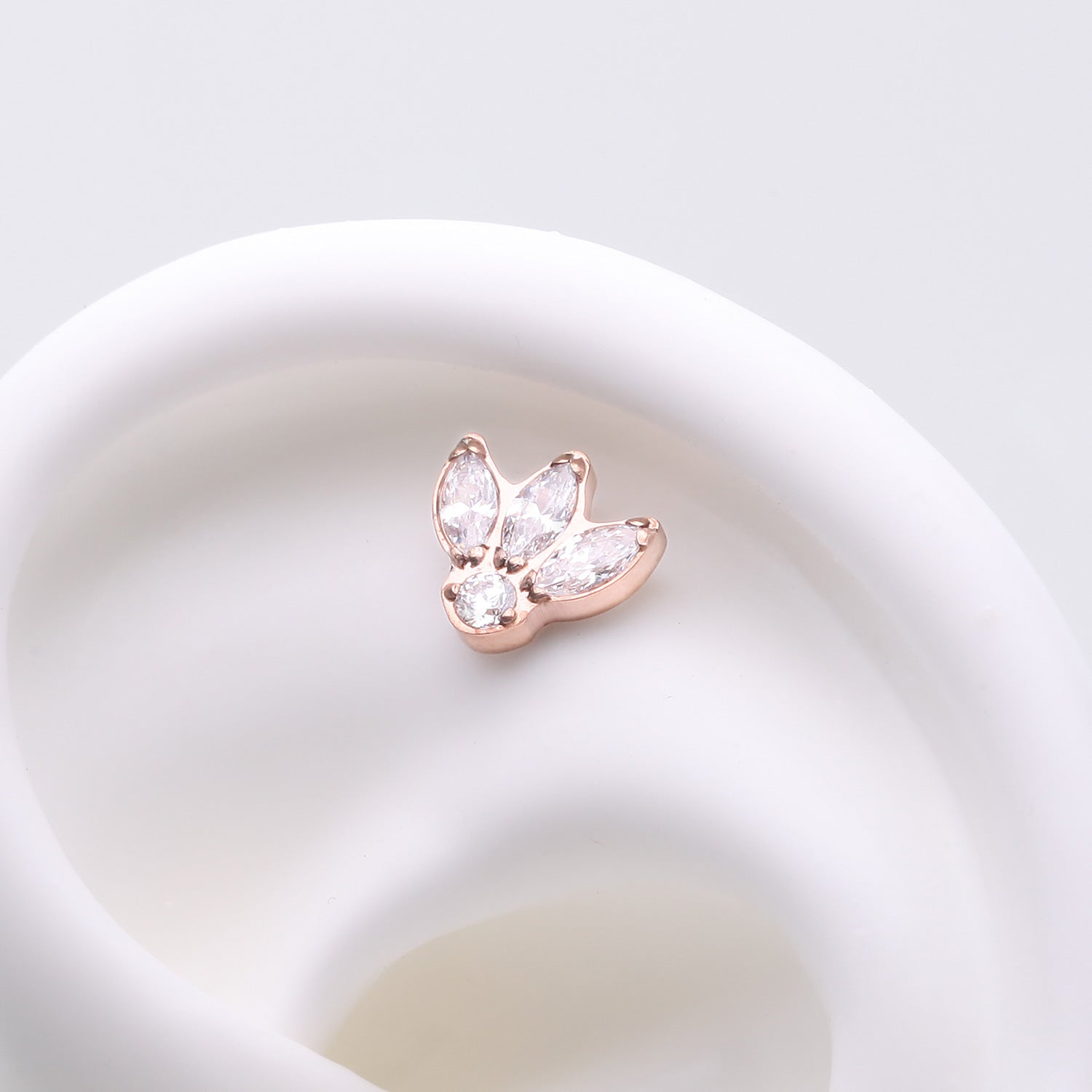Detail View 1 of Implant Grade Titanium OneFit Threadless Rose Gold Triple Marquise Sparkle Flower Top Part-Clear Gem