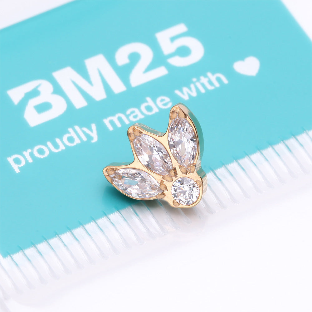 Detail View 3 of Implant Grade Titanium OneFit Threadless Golden Triple Marquise Sparkle Flower Top Part-Clear Gem