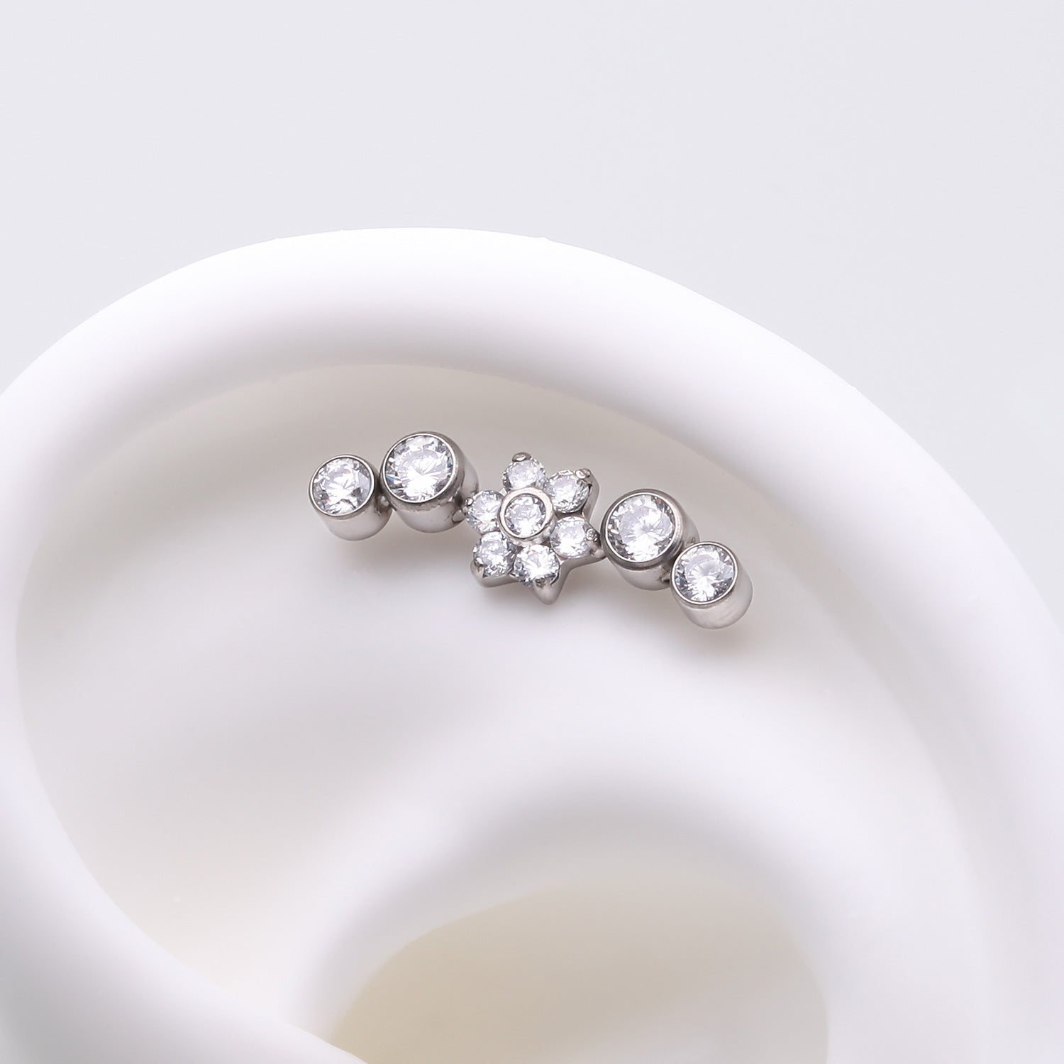 Detail View 1 of Implant Grade Titanium OneFit Threadless Radiant Sparkle Flower Journey Curve Top Part-Clear Gem
