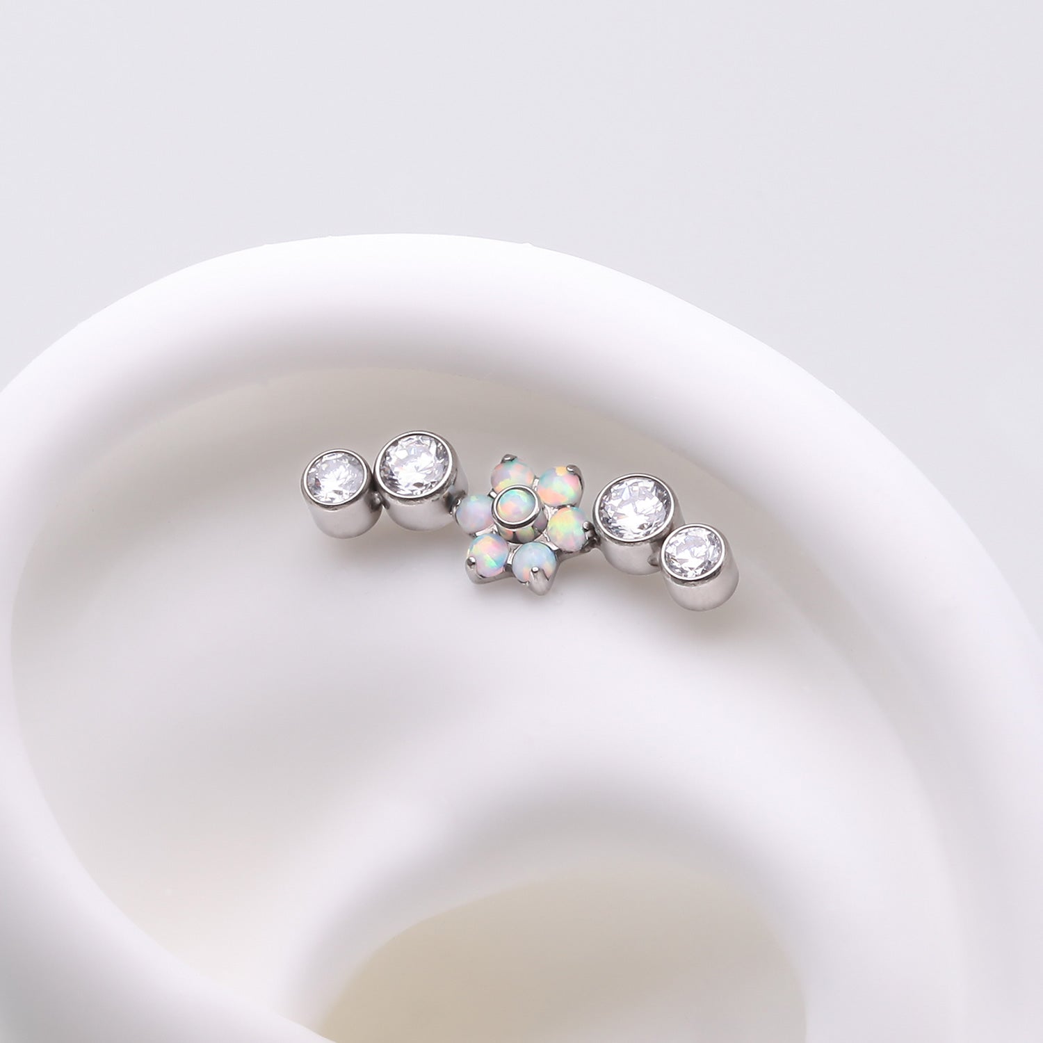 Detail View 1 of Implant Grade Titanium OneFit Threadless Radiant Fire Opal Flower Journey Curve Top Part-White Opal/Clear Gem