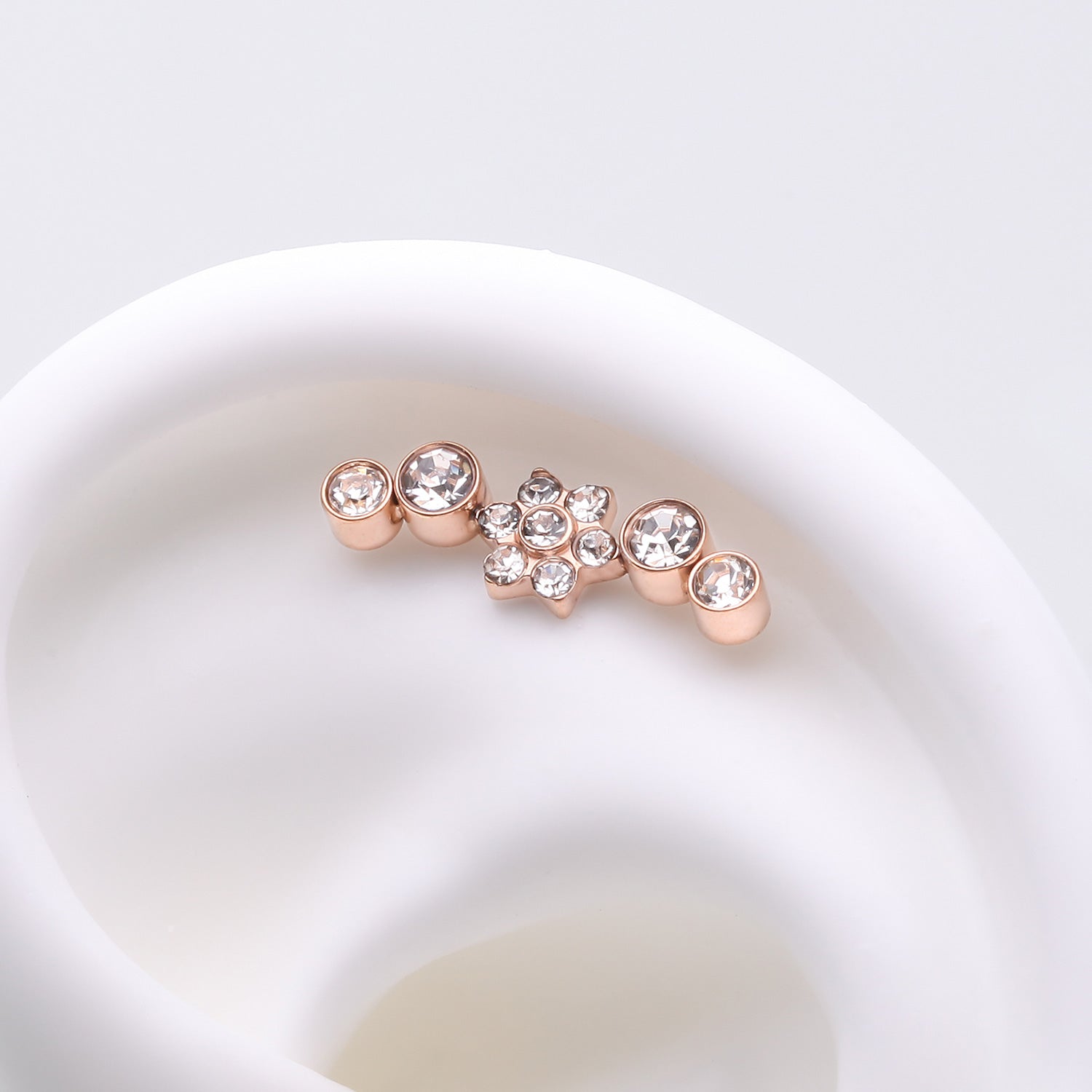 Detail View 1 of Implant Grade Titanium OneFit Threadless Rose Gold Radiant Sparkle Flower Journey Curve Top Part-Clear Gem