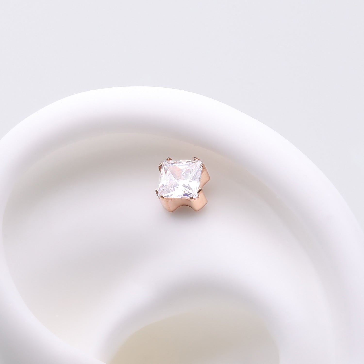 Detail View 1 of Implant Grade Titanium OneFit Threadless Rose Gold Prong Set Square Gem Sparkle Top Part-Clear Gem