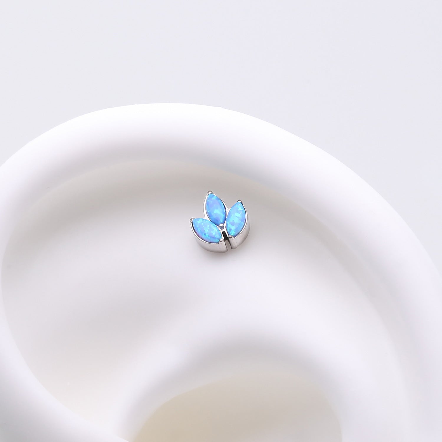 Detail View 1 of Implant Grade Titanium OneFit Threadless Triple Marquise Fire Opal Leaflet Top Part-Blue Opal