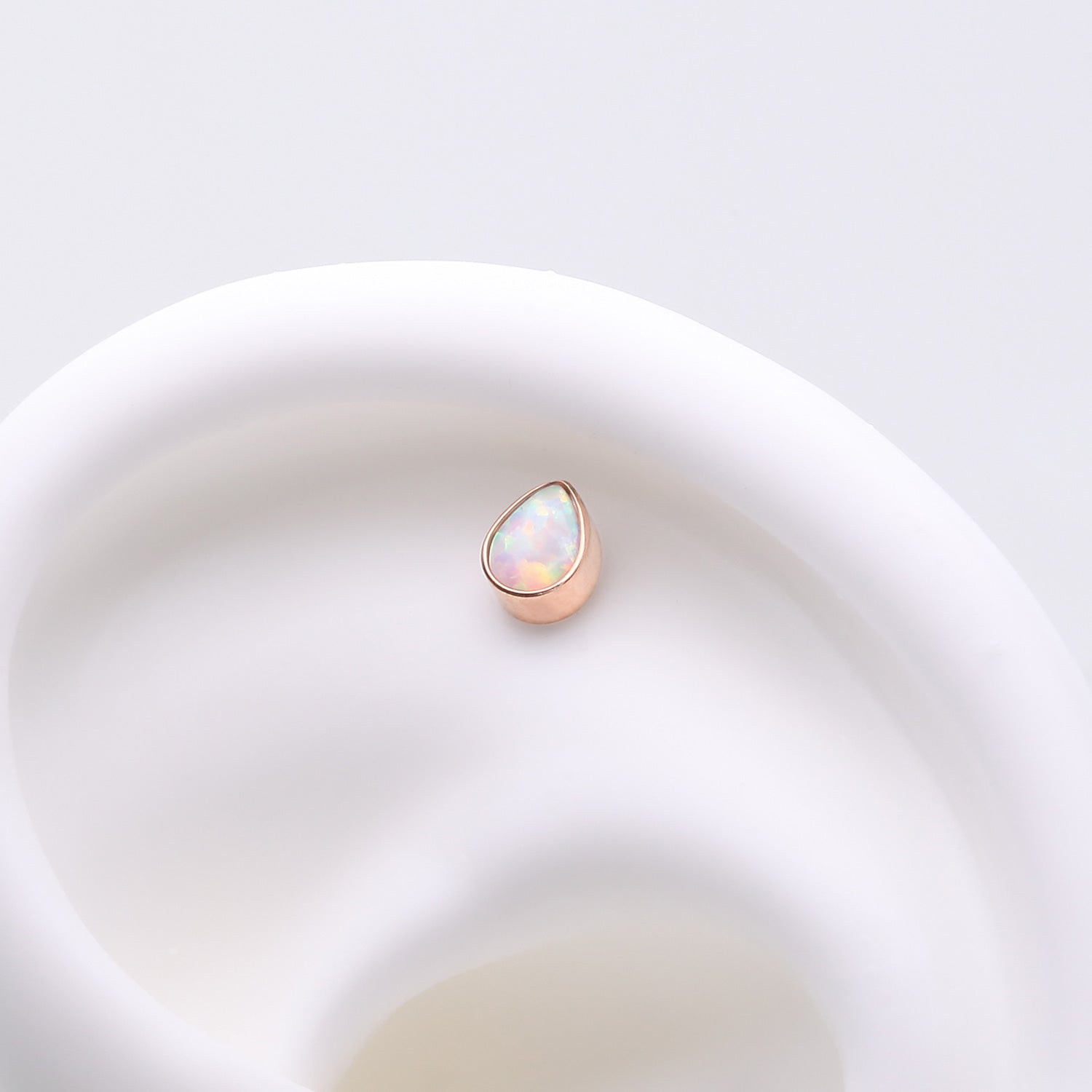 Detail View 1 of Implant Grade Titanium OneFit Threadless Rose Gold Fire Opal Teardrop Top Part-White Opal