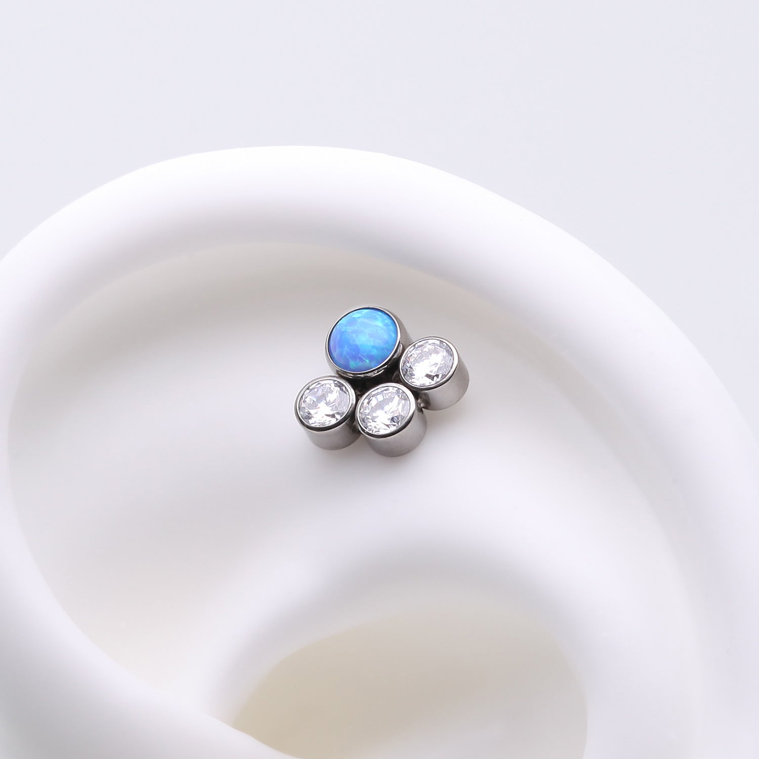 Detail View 1 of Implant Grade Titanium OneFit Threadless Fire Opal Floral Multi-Gem Sparkle Top Part-Clear Gem/Blue Opal