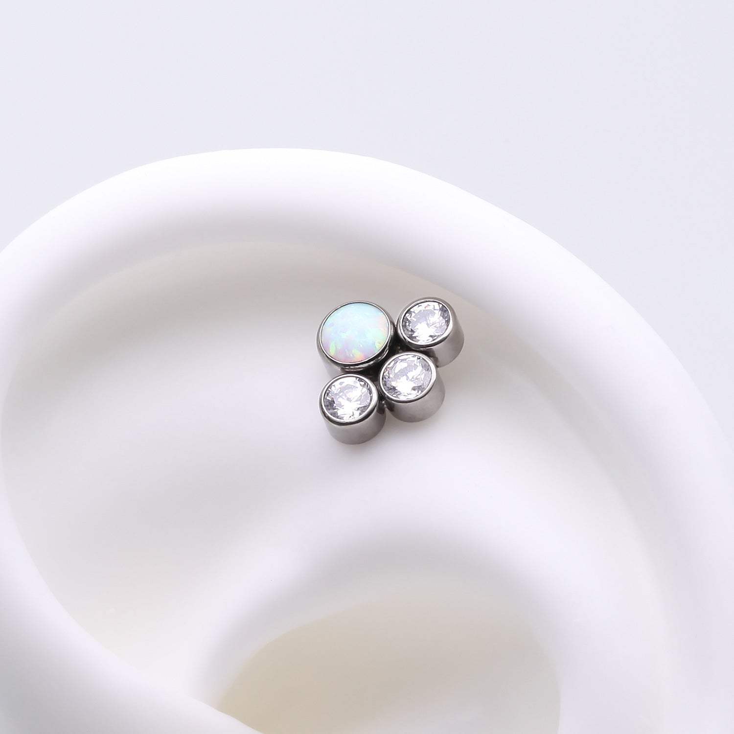 Detail View 1 of Implant Grade Titanium OneFit Threadless Fire Opal Floral Multi-Gem Sparkle Top Part-Clear Gem/White Opal
