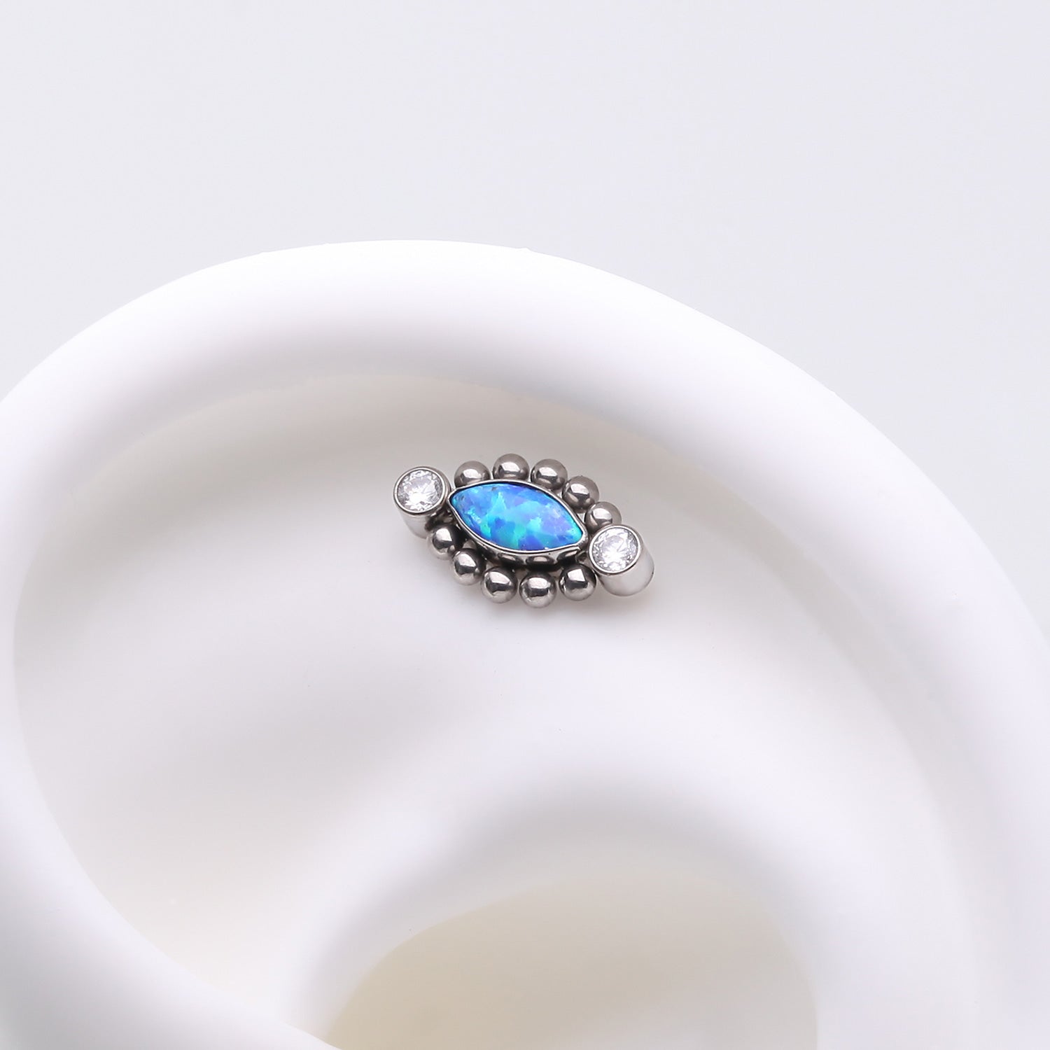 Detail View 1 of Implant Grade Titanium OneFit Threadless Bali Beads Arc Marquise Fire Opal Sparkle Top Part-Clear Gem/Blue Opal