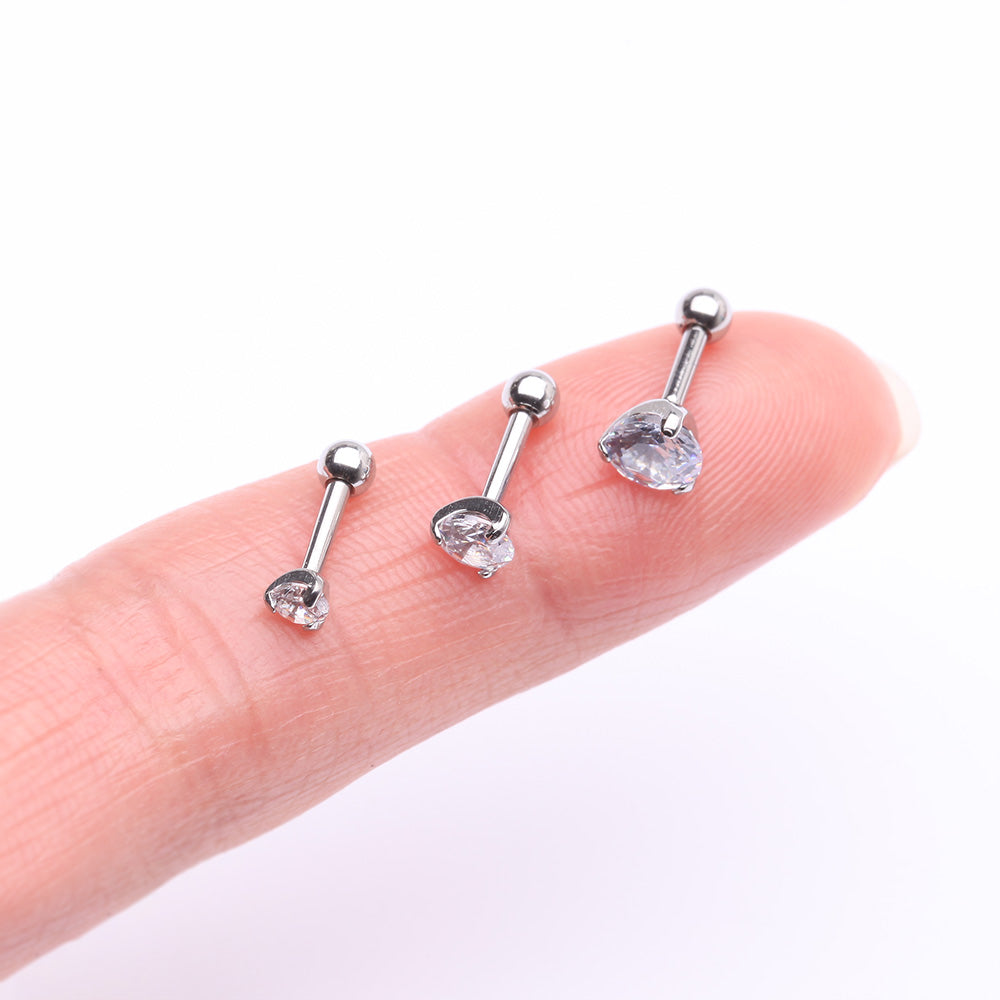 Detail View 2 of 3 Pcs of Sparkle Round Gem Tri-Prong Cartilage Tragus Barbell Earring Package-Clear Gem