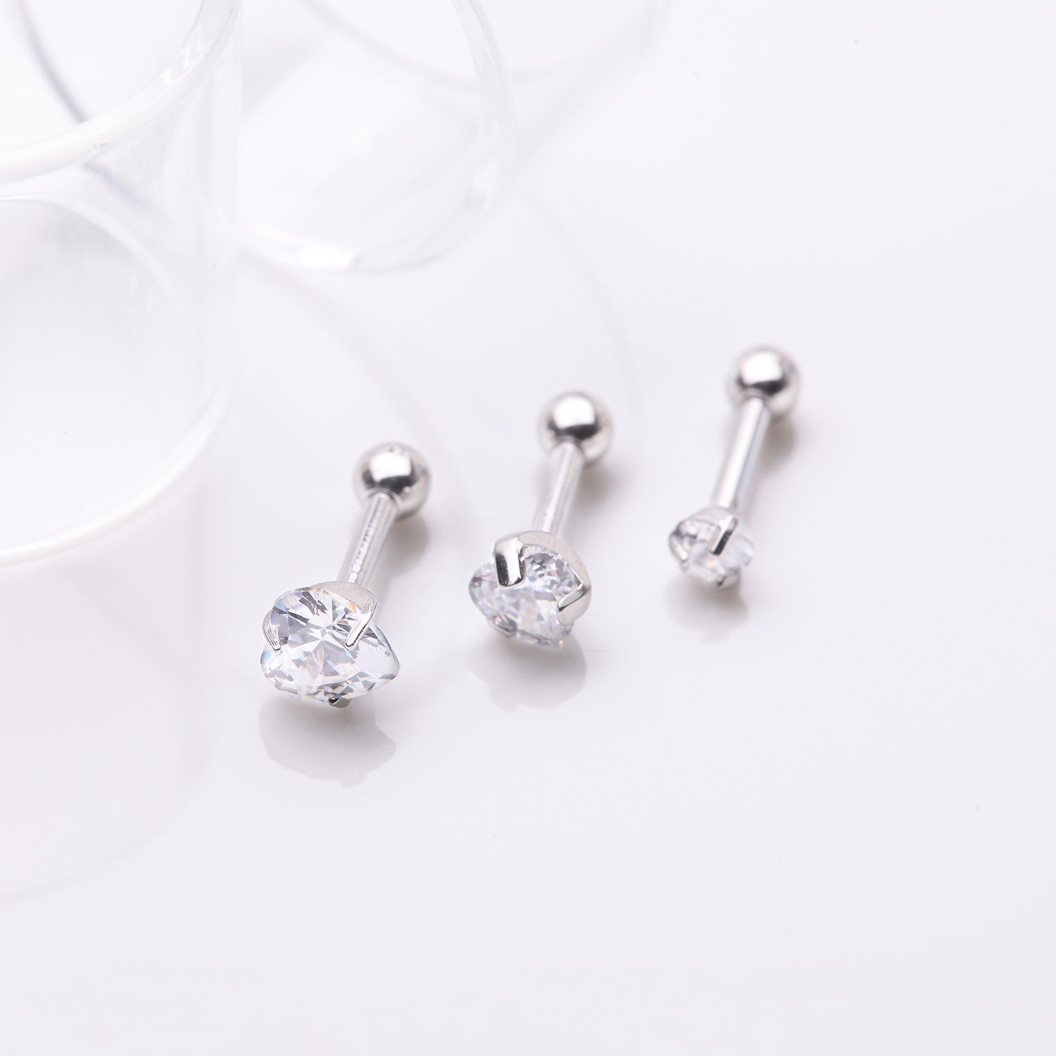 Detail View 1 of 3 Pcs of Assorted Size Heart Sparkle Gems Cartilage Tragus Barbell Earring Package-Clear Gem