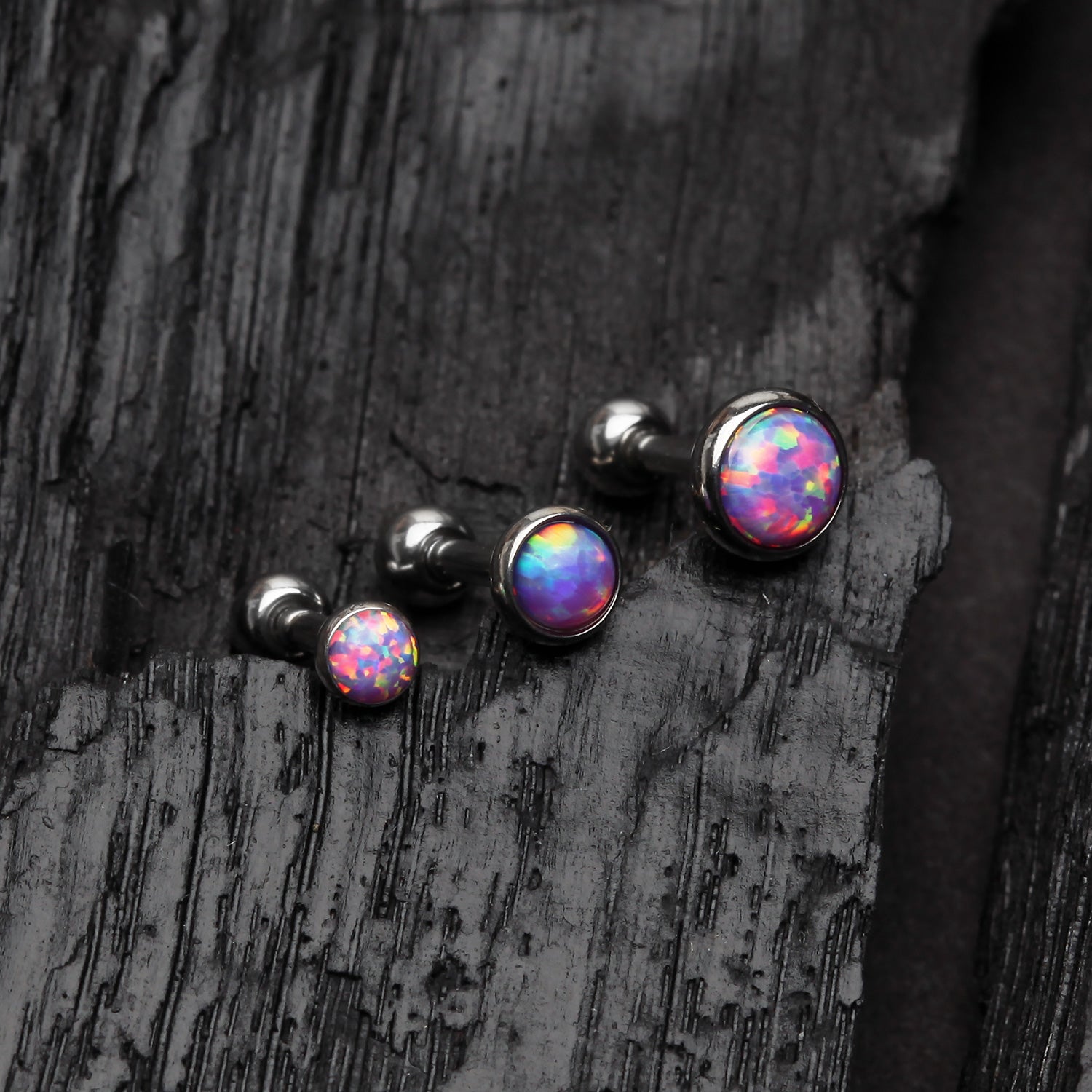Detail View 1 of 3 Pcs of Assorted Size Fire Opal Top Cartilage Tragus Barbell Stud Pack-Purple Opal