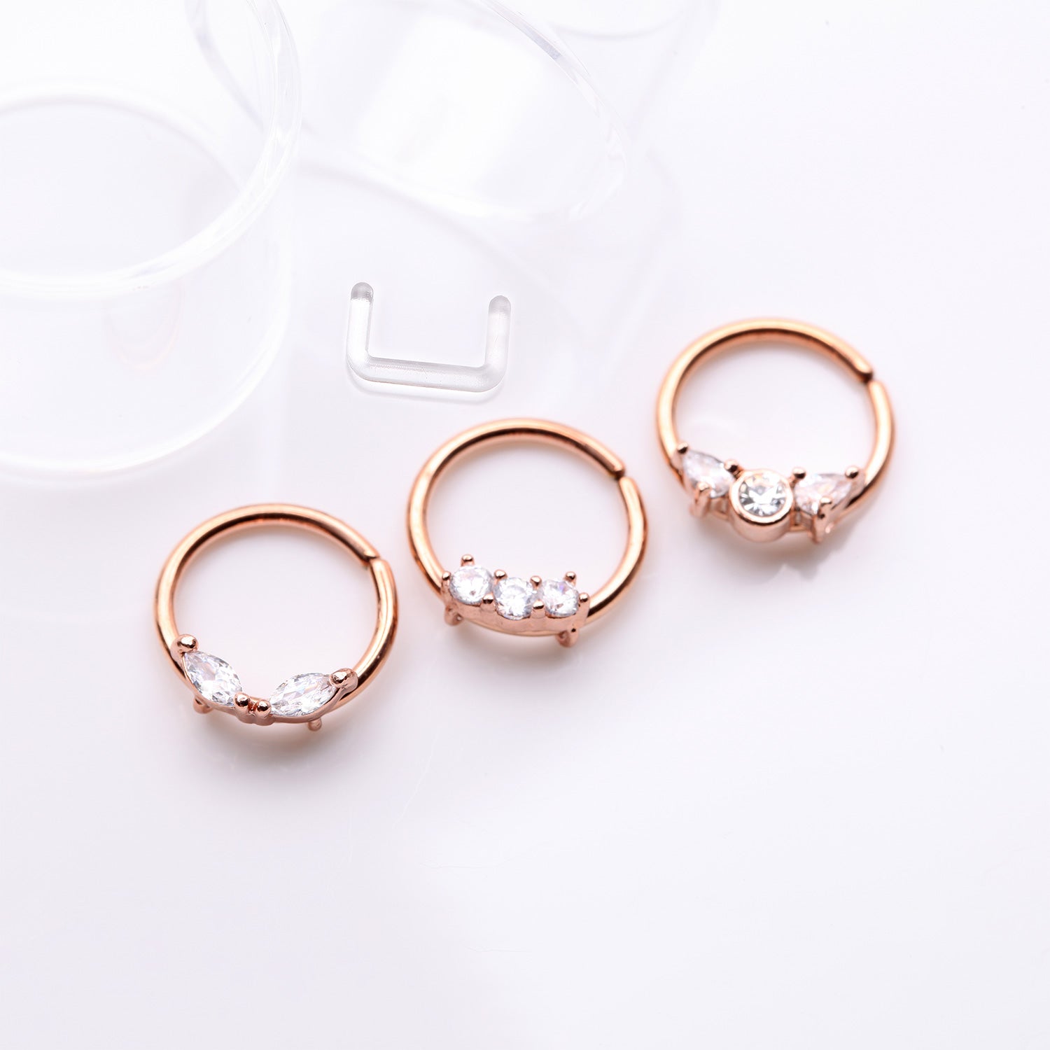 Detail View 1 of 3 Pcs of Assorted Rose Gold Dainty Gem Bendable Hoop Ring with Clear Retainer Package-Clear Gem