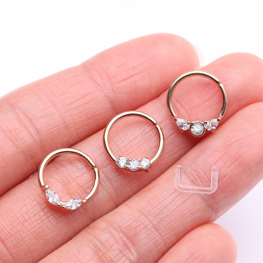 Detail View 2 of 3 Pcs of Assorted Rose Gold Dainty Gem Bendable Hoop Ring with Clear Retainer Package-Clear Gem