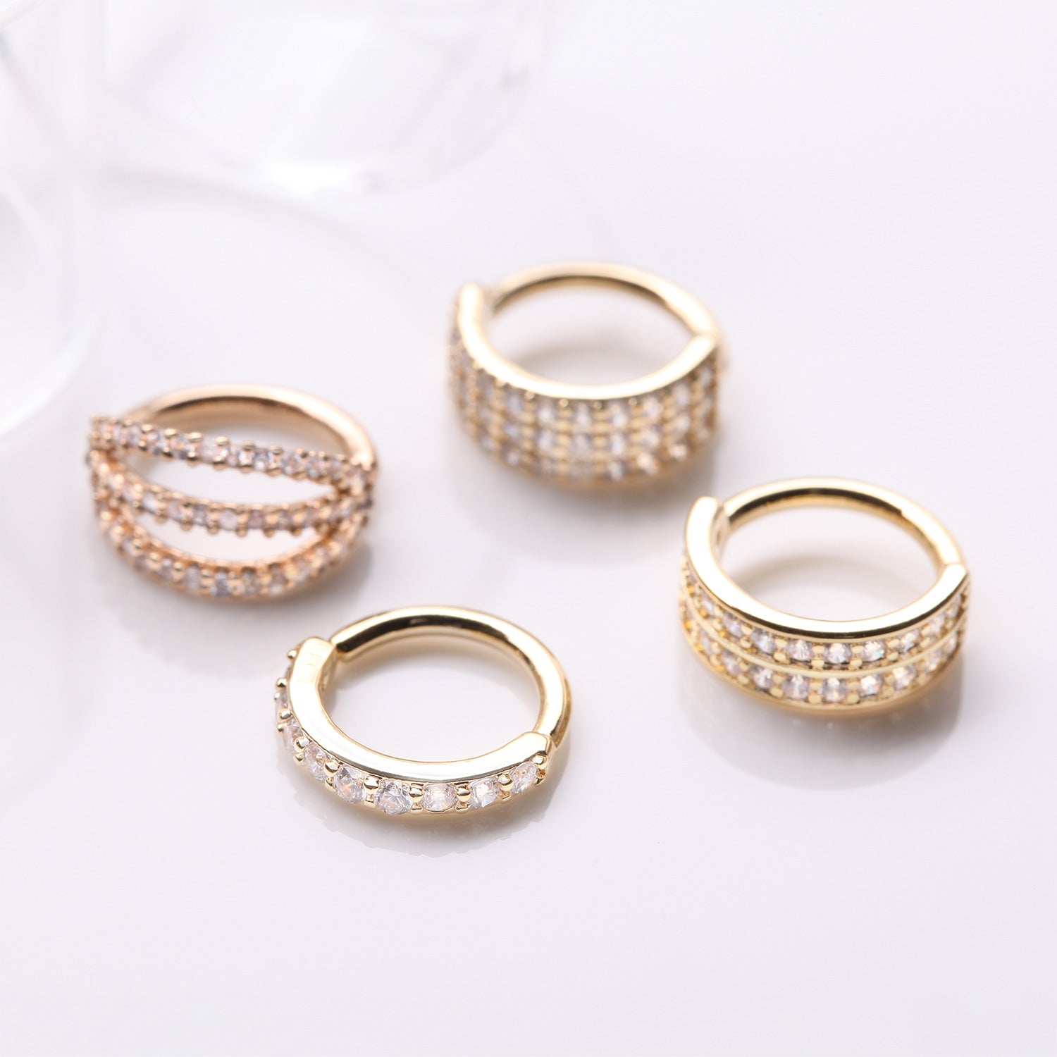 Detail View 1 of 4 Pcs of Assorted Golden Multi-Gem Lined Bendable Hoop Ring Package-Clear Gem