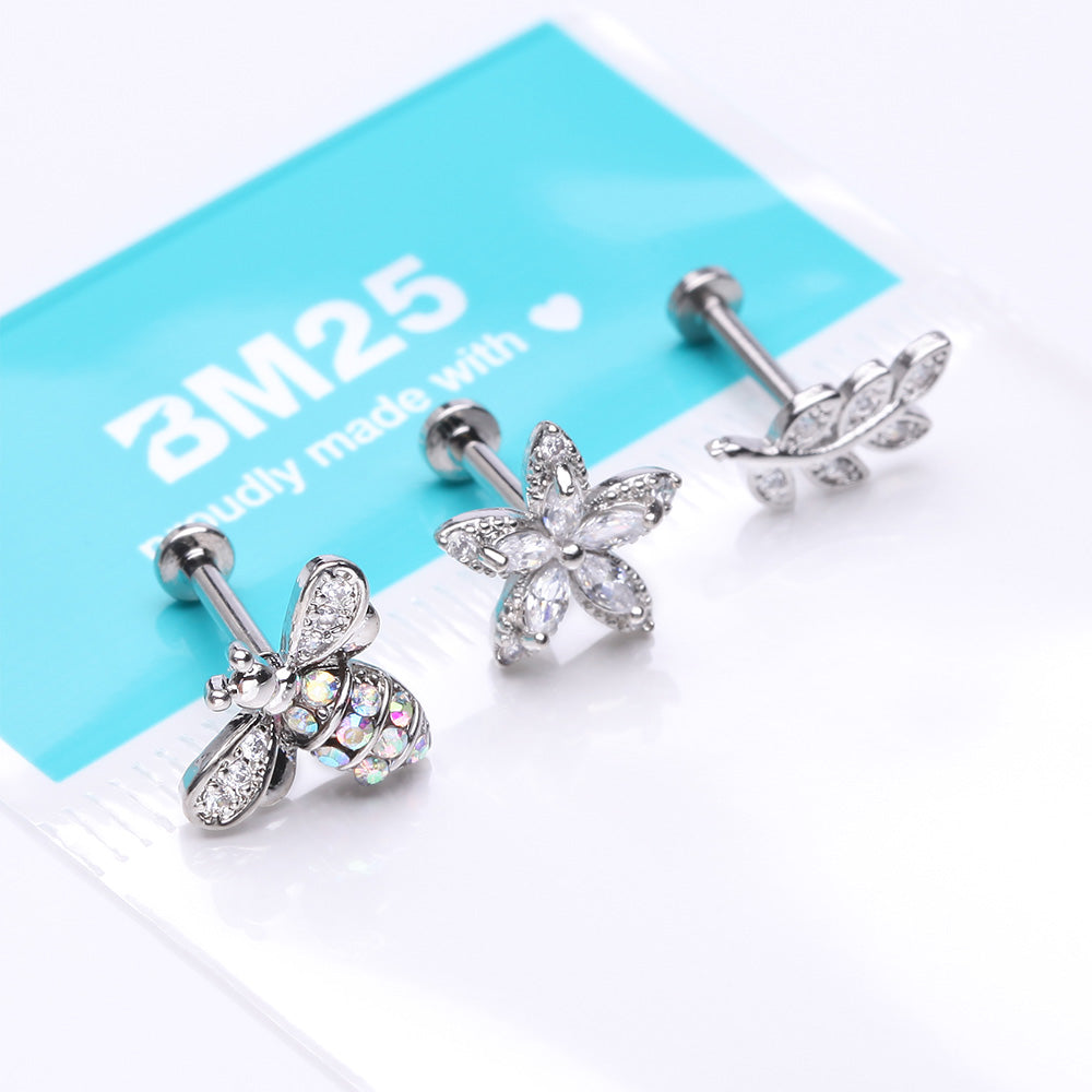 Detail View 2 of 3 Pcs Pack of Assorted Honey Bee Flower Leaf Internally Threaded Labret