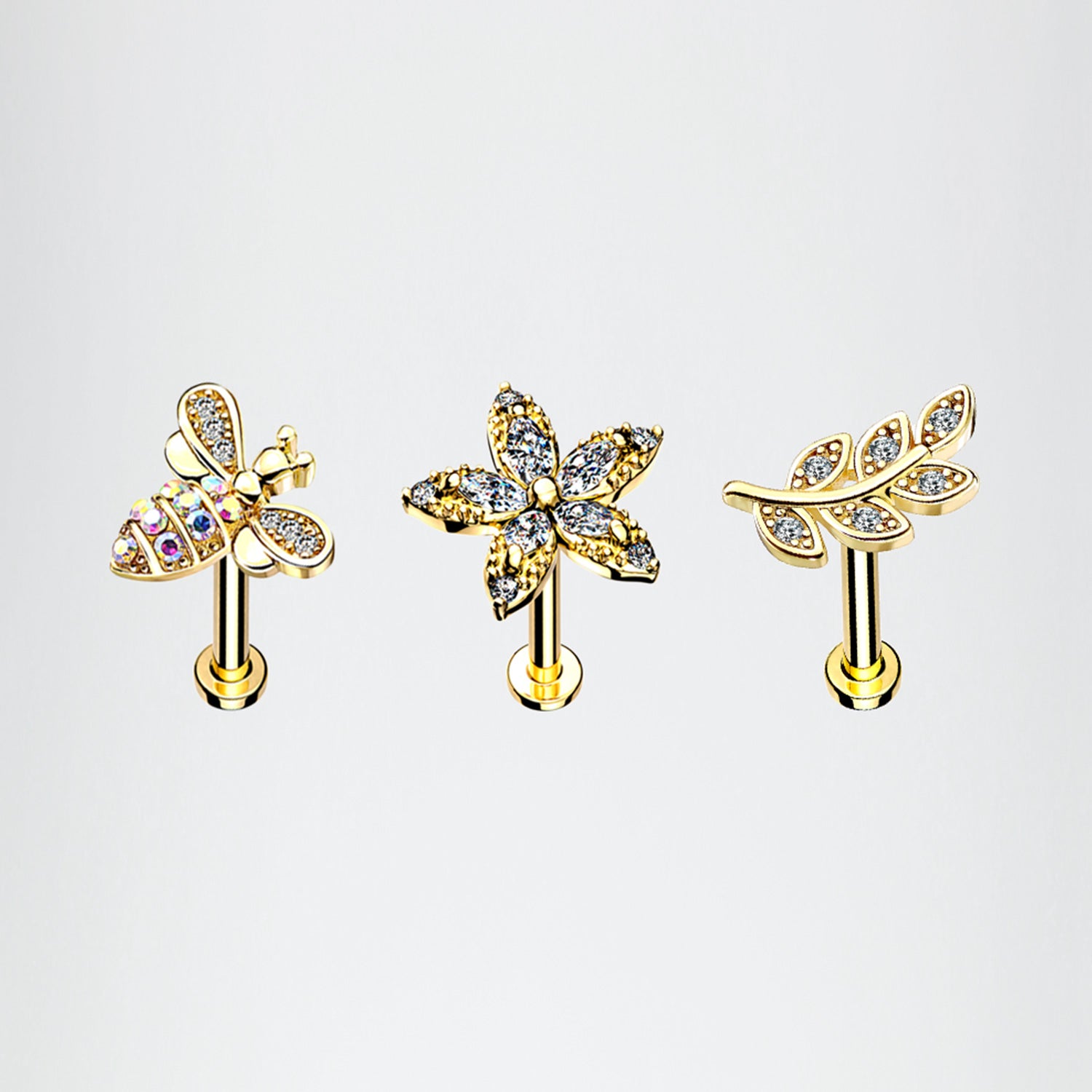 3 Pcs Pack of Assorted Golden Honey Bee Flower Leaf Internally Threaded Labret