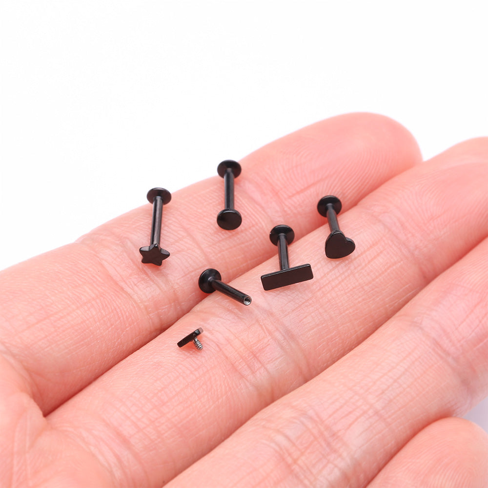 Detail View 2 of 5 Pcs of Assorted Style Blackline Minimalistic Internally Threaded Labret Flat Back Stud Package