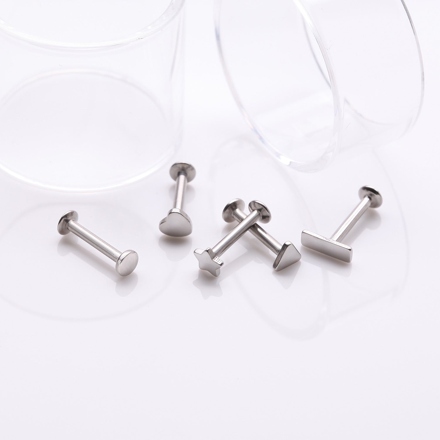 Detail View 1 of 5 Pcs of Assorted Style Steel Minimalistic Internally Threaded Labret Flat Back Stud Package