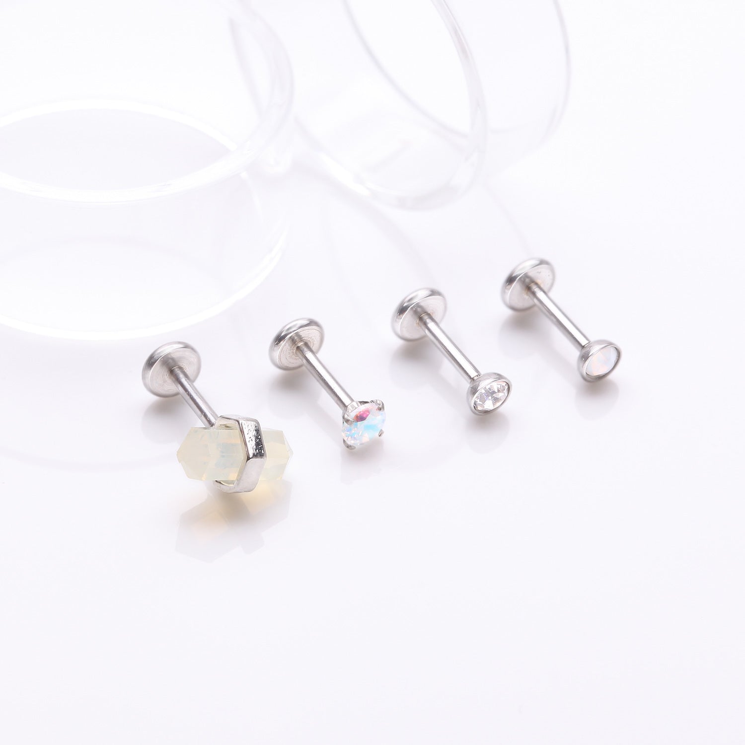 Detail View 1 of 4 Pcs of Assorted Gemstone Crystal Internally Threaded Labret Package