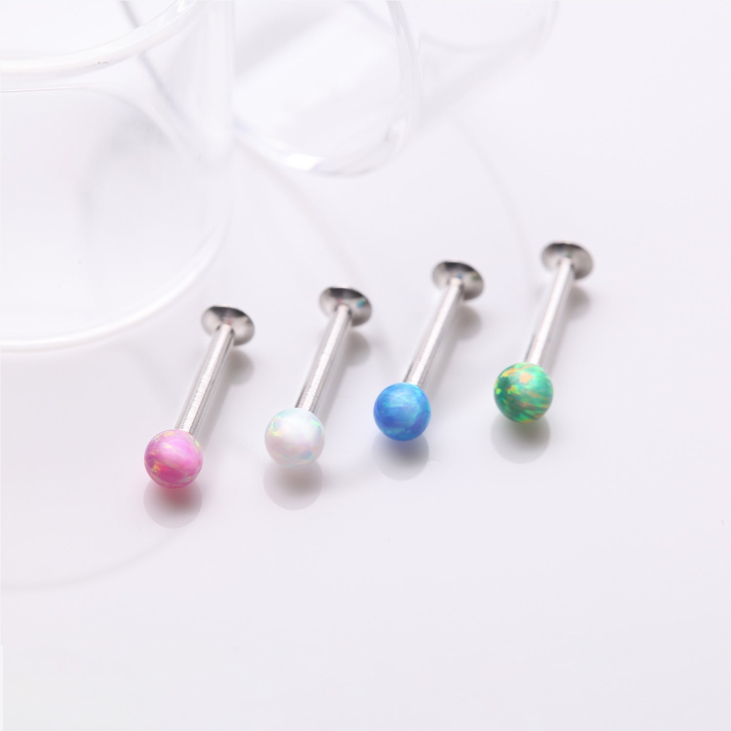 Detail View 1 of 3 Pcs of Assorted Fire Opal Ball Top Internally Threaded Labret Flat Back Stud Package