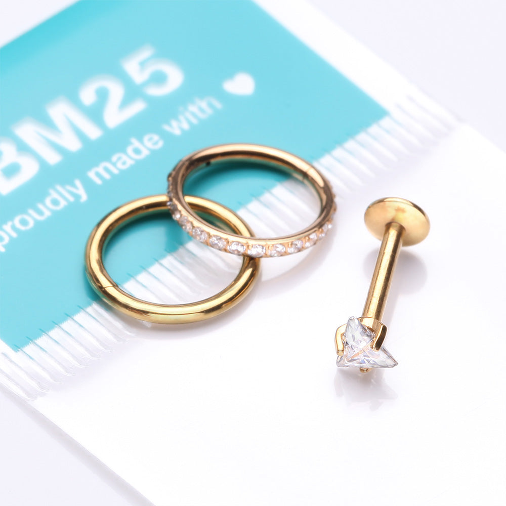 Detail View 2 of 3 Pcs of Assorted Everyday Golden Sparkle Triangle Stud & Clicker Package