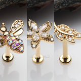 Detail View 1 of 3 Pcs Pack of Assorted Golden Honey Bee Flower Leaf Internally Threaded Labret