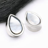 Detail View 1 of A Pair of White Brass Bali Mother of Pearl Inlay Teardrop Double Flared Plug